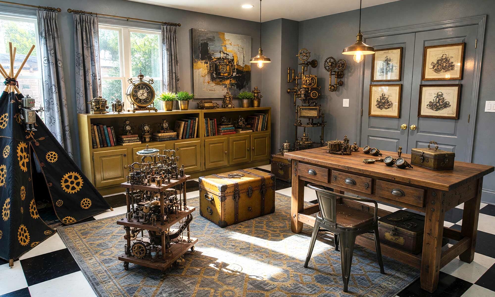 Steampunk Playroom with Soft Fog Gray Walls Golden Mustard Cabinets-2-FEATURE, steampunk playroom soft fog gray walls golden mustard cabinets soft white ceiling industrial décor. A creative haven in a Scottsdale neighborhood featuring a wooden workbench with industrial stools, golden mustard built-in cabinets, vintage blueprint art, and Edison bulb pendant lights. The room exudes the playful charm of a steampunk workshop, with floating shelves displaying mechanical models, brass sculptures, and jars of gears. Afternoon sunlight highlights the textures of the metallic gray and mustard rug and the distressed wood furniture, making this playroom a perfect space for imaginative tinkering and invention. playroom paint colors, color palette for playroom, kids room color scheme, playroom color palette, playroom color combinations, paint colors for playrooms, kids playroom color ideas, playroom color schemes