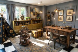 Steampunk Playroom with Soft Fog Gray Walls Golden Mustard Cabinets-2-FEATURE, steampunk playroom soft fog gray walls golden mustard cabinets soft white ceiling industrial décor. A creative haven in a Scottsdale neighborhood featuring a wooden workbench with industrial stools, golden mustard built-in cabinets, vintage blueprint art, and Edison bulb pendant lights. The room exudes the playful charm of a steampunk workshop, with floating shelves displaying mechanical models, brass sculptures, and jars of gears. Afternoon sunlight highlights the textures of the metallic gray and mustard rug and the distressed wood furniture, making this playroom a perfect space for imaginative tinkering and invention. playroom paint colors, color palette for playroom, kids room color scheme, playroom color palette, playroom color combinations, paint colors for playrooms, kids playroom color ideas, playroom color schemes