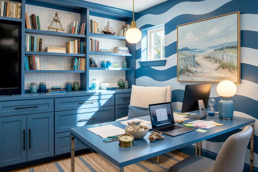 Striped Home Office with Steel Blue and Denim Blue Accent Waves-3-FEATURE, wavy coastal home office steel blue walls denim blue accent waves bright white ceiling. A serene Scottsdale neighborhood workspace featuring a denim blue desk, nautical-themed art, floating shelves with sea-inspired decor, and a jute rug with coastal patterns. The wavy accent wall adds motion and calmness, while the bright white ceiling enhances the airy, fresh feel. painting striped walls, painting wall stripes, painted wall stripes, two tone striped walls, painting striped accent walls, striped wall paint ideas, painted stripe walls