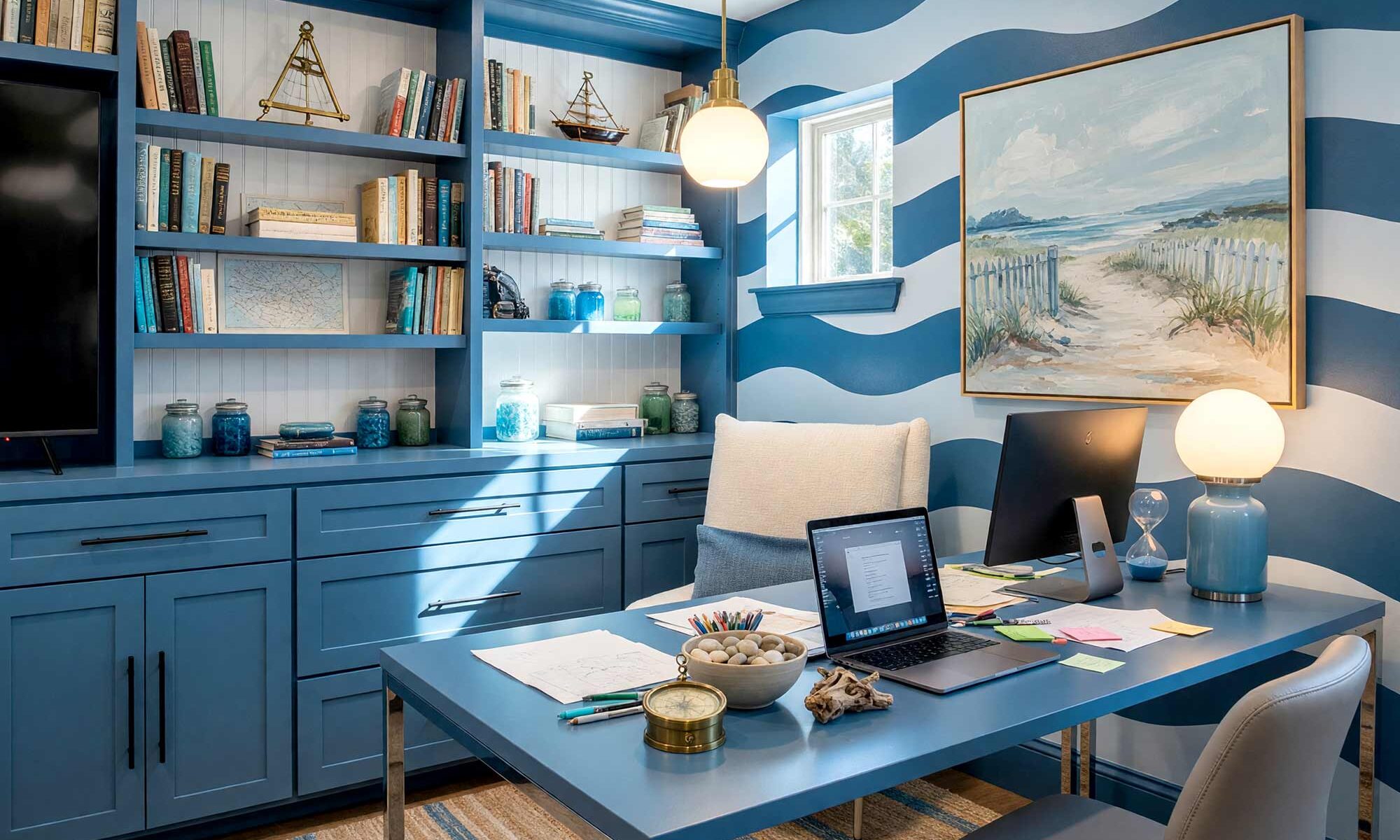 Striped Home Office with Steel Blue and Denim Blue Accent Waves-3-FEATURE, wavy coastal home office steel blue walls denim blue accent waves bright white ceiling. A serene Scottsdale neighborhood workspace featuring a denim blue desk, nautical-themed art, floating shelves with sea-inspired decor, and a jute rug with coastal patterns. The wavy accent wall adds motion and calmness, while the bright white ceiling enhances the airy, fresh feel. painting striped walls, painting wall stripes, painted wall stripes, two tone striped walls, painting striped accent walls, striped wall paint ideas, painted stripe walls