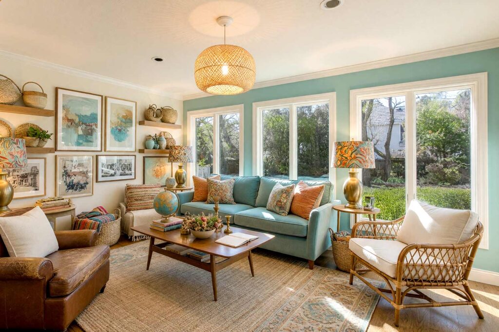 Sunroom with Buttercream Walls and Muted Turquoise Accent Wall-2, eclectic maximalist sunroom buttercream walls muted turquoise accent wall soft ivory trim warm oak floors scottsdale neighborhood. A vibrant sunroom in a Scottsdale neighborhood featuring buttercream walls and ceiling with a muted turquoise accent wall. The space includes a plush velvet sofa, a vintage leather armchair, a gallery wall of travel photos, and a woven rattan pendant light. Late afternoon sunlight creates dramatic shadows and highlights, evoking a curated, bohemian maximalist retreat full of personality and warmth. sunroom paint palette, arizona room paint palette, sunroom wall colors, sunroom paint inspiration, desert sunroom color ideas, arizona room decor colors, sun porch paint colors