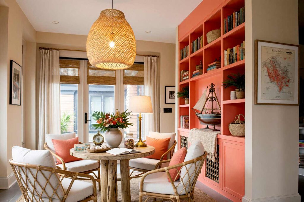 Tropical Escape Reading Nook with Coral Sunset Cabinets Ivory Cloud Trim and Sandy Beige Walls-3, tropical escape reading nook coral sunset cabinets ivory cloud trim sandy beige walls white linen ceiling. A sunny reading nook in a Scottsdale neighborhood featuring coral sunset built-in bookshelves against sandy beige walls with ivory cloud trim. Nautical décor includes a half-hull ship model, brass sextant, and travel novels, creating a relaxed jungle-meets-coastal vibe. Bright midday sunlight highlights the warm colors and natural textures, offering inspiring bookshelf paint color ideas for painting built-in bookshelves with tropical flair. paint colors for built-in shelving, built-in cabinetry paint ideas, bookshelf color palette ideas, painted bookcase design inspiration, colors for built-in bookshelves, bookshelf and cabinet paint pairings