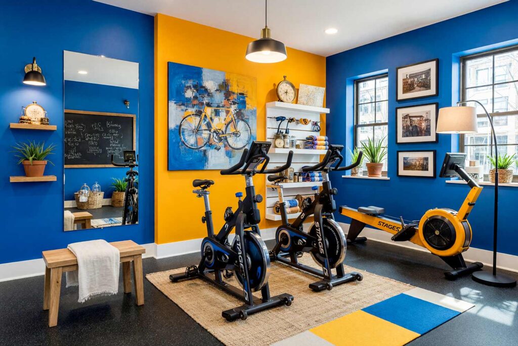 Urban Industrial Spin Sanctuary with Electric Cobalt Walls Citrine Yellow Accent and White Trim-2, urban industrial home gym paint colors electric cobalt blue walls citrine yellow accent wall bright white trim rubber flooring spin bike scottsdale. A high-energy boutique cycling studio in a Scottsdale neighborhood featuring dual Stages SC3 Indoor Cycles positioned against a dramatic citrine yellow accent wall, surrounded by vibrant electric cobalt walls that radiate kinetic energy. Curated urban industrial décor includes a Concept2 RowErg catching light off the glossy citrine panel, a mounted sound system with sleek matte black speakers, floating shelves displaying cycling achievement medals, and a citrus-scented diffuser. Premium rubber matting with a tire-like scent grounds the space in industrial authenticity, while bright white trim and LED-backlit mirrors amplify the energy. Dramatic natural light and smart color-changing bulbs synchronized with the sound system create dynamic shadows and highlights, transforming the gym into a premium cycling sanctuary where every ride is a personal grudge match and every number beaten is a victory. home gym paint colors, gym paint colors, workout room color, home gym color palette, home gym color scheme, workout space paint colors, exercise room paint colors