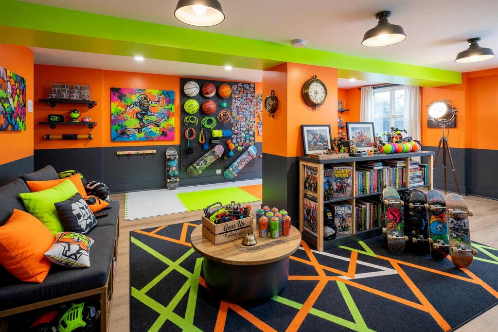 Urban Kids Skate Zone with Charcoal Gray Lower Walls and Neon Upper Walls-6, urban skate zone playroom charcoal gray lower walls neon citrus and orange upper walls bright white ceiling playroom paint colors. A high-energy urban skate zone playroom in a Scottsdale neighborhood featuring scuff-proof charcoal gray lower walls paired with reflective neon citrus and orange upper walls that radiate confidence and urban edge. The bright white ceiling maximizes light reflection, while charcoal gray trim with semi-gloss finish frames the space with architectural clarity. A floor-to-ceiling pegboard wall holds basketballs, jump ropes, skateboard decks, and protective gear in organized abundance. A charcoal gray storage bench with neon citrus cushioning, floating shelves displaying action sports memorabilia, and a geometric area rug in charcoal gray and neon citrus complete the dynamic aesthetic. Afternoon sunlight creates dramatic shadows and highlights the reflective neon citrus walls, making this playroom the ultimate destination for active play, athletic confidence, and gloriously loud energy that doesn't ask permission—it just is. playroom color inspiration, best colors for a playroom, playroom wall colors, children's playroom paint ideas, kids' room paint palette, playroom decorating colors, color ideas for kids' playrooms