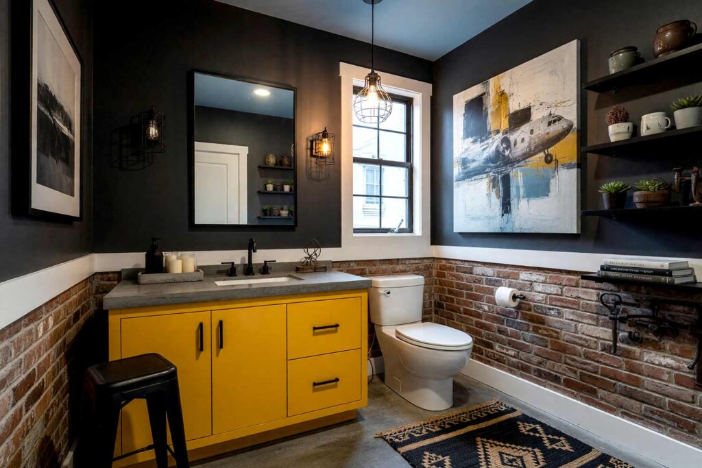 Urban Loft Industrial Half Bath with Charcoal Walls Ochre Cabinet Blue Ceiling-3, urban loft industrial powder room charcoal graphite walls ochre yellow cabinet powder blue ceiling bright white trim black metal lighting and abstract painting of an airplane. A bold powder room in a Scottsdale neighborhood featuring charcoal graphite walls paired with a vibrant ochre yellow vanity. Black metal caged pendant lighting and exposed brick accents create an edgy industrial loft atmosphere. Dynamic lighting highlights the rich textures and architectural details, transforming the space into a stylish urban retreat. powder room design ideas, half bath color ideas, powder room decorating ideas, small bath paint colors, powder room wall color ideas, bold bathroom paint ideas, powder room makeover ideas, powder room paint inspiration