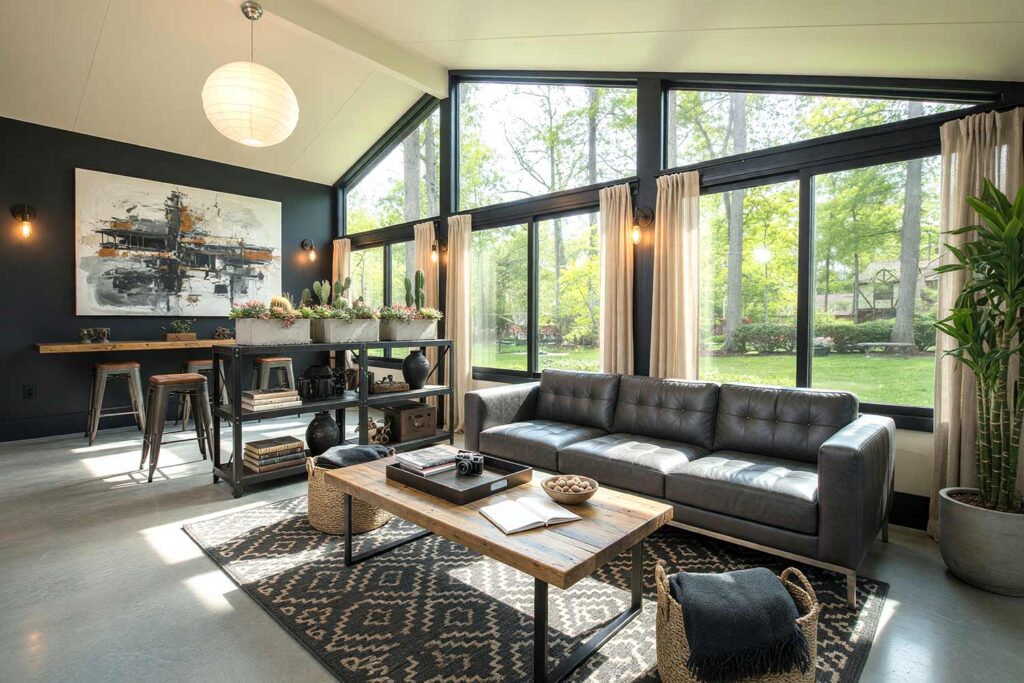 Urban Loft Sunroom with Pale Sand Walls and Charcoal Ink Accent Wall-1, urban industrial loft sunroom pale sand walls charcoal ink accent wall matte black shelving polished concrete floors scottsdale neighborhood. A moody sunroom in a Scottsdale neighborhood featuring pale sand walls and ceiling with a charcoal ink accent wall and trim. The space includes a matte black metal shelving unit stacked with concrete planters, a leather sofa, and an oversized paper pendant light. Bright afternoon sunlight creates dramatic shadows and highlights, evoking a crisp urban industrial retreat with desert warmth. sunroom paint palette, arizona room paint palette, sunroom wall colors, sunroom paint inspiration, desert sunroom color ideas, arizona room decor colors, sun porch paint colors