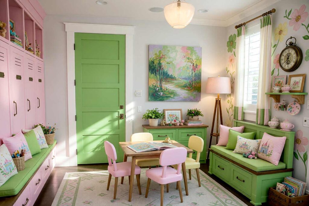 Whimsical Storybook Playroom with Gray Walls and Kelly Green Cabinets and Cotton Candy Pink Lockers-6, whimsical storybook playroom very light warm gray walls kelly green cabinets cotton candy pink lockers soft white ceiling crisp white trim playroom paint colors. A magical storybook-inspired playroom in a Scottsdale neighborhood featuring very light warm gray walls as a serene backdrop, kelly green cabinetry evoking enchanted forests, and cotton candy pink lockers adding playful whimsy. The soft white ceiling and crisp white trim frame the space with architectural clarity. A large mural of oversized storybook flowers climbs one corner wall in kelly green and cotton candy pink. A wooden play table surrounded by pastel-cushioned chairs, floating kelly green shelves displaying beloved picture books and ceramic figurines, and a geometric area rug in soft gray with kelly green and pink accents complete the enchanted aesthetic. Afternoon sunlight creates dramatic shadows and highlights the kelly green and cotton candy pink accents, making this playroom the perfect destination for tea parties, dragon battles, and imaginative adventures with every storybook friend. playroom paint colors, color palette for playroom, kids room color scheme, playroom color palette, playroom color combinations, paint colors for playrooms, kids playroom color ideas, playroom color schemes