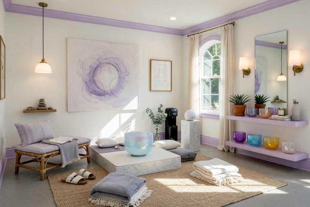 Zen Sound Bath Sanctuary with White Walls and Dusty Lavender Trim-6, zen minimalist sound bath sanctuary bone white walls dusty lavender trim polished concrete home gym paint colors somatic recovery space in a Scottsdale neighborhood. A serene post-workout recovery sanctuary featuring Crystal Tones Alchemy Singing Bowls arranged on a low dusty lavender shelf, weighted blankets in bone white pooled on the floor inviting rest, and memory foam meditation cushions positioned near the sound bath platform. A frameless floor-to-ceiling mirror with warm backlit LED strips and a single floating white oak shelf display essential recovery items: rolled yoga mats, ceramic water bottles, wellness books, and a potted agave plant. The Elkay filtered water dispenser with eucalyptus branches and hand-poured beeswax candles emitting warm aromatherapy complete the sanctuary. Soft directional sunlight and warm artificial lighting create a meditative atmosphere where sound vibrations and somatic practice become the primary focus, transforming recovery into a deeply restorative ritual. fitness room paint colors, yoga studio paint colors, home fitness room color scheme, workout room paint ideas, gym wall colors