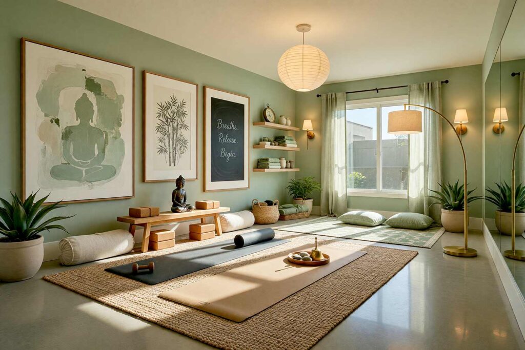 Zen Yoga Studio with Sage Green Walls Warm Alabaster Walls and Alabaster Trim-3, zen yoga home gym paint colors sage green walls warm alabaster accent nook warm alabaster trim polished concrete flooring japandi minimalist scottsdale. A serene Japandi-inspired yoga sanctuary in a Scottsdale neighborhood featuring unrolled Liforme and Manduka Pro yoga mats positioned to catch soft natural light, surrounded by calming sage green walls that ground the nervous system . Curated Zen décor includes cork yoga blocks, rolled organic cotton bolsters, a wall-mounted sprung oak ballet barre, memory foam meditation cushions, and a eucalyptus-scented diffuser evoking authentic sanctuary atmosphere. Warm alabaster accent nook and ceiling create striking visual continuity while softening light, while warm alabaster trim frames the space with minimalist precision . Natural light filters through sheer curtains casting a soft, almost underwater glow, while warm pendant fixtures and wall sconces create gentle illumination. Dramatic natural light and warm glow create dynamic shadows and highlights, transforming the gym into a premium Zen sanctuary where every breath is intentional and every movement becomes spiritual practice. fitness room paint colors, yoga studio paint colors, home fitness room color scheme, workout room paint ideas, gym wall colors