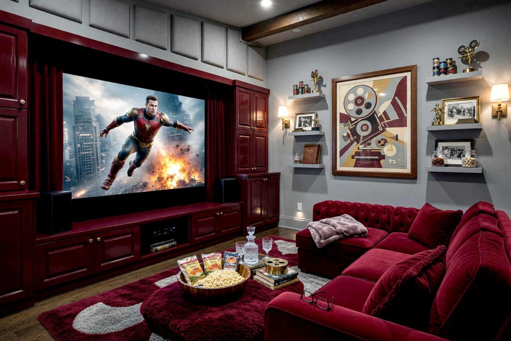 Cinematic Home Theater with Cloud Gray Walls and Deep Burgundy Cabinets-1, cinematic home theater neutral interior paint colors cloud gray walls deep burgundy cabinets lighter cloud gray trim dark walnut flooring. An opulent cinema room in a Scottsdale neighborhood featuring a deep burgundy velvet sofa, burgundy media cabinets, brass wall sconces, and dark walnut floors. Outfitted with a vintage film poster, tufted burgundy bench, low popcorn bowl, and acoustical drapes. Dynamic screen light flickers dramatically across sleek cloud gray walls. neutral tones for interiors, neutral wall paint colors, muted neutral colors, soft neutral color palette, interior neutral color palette