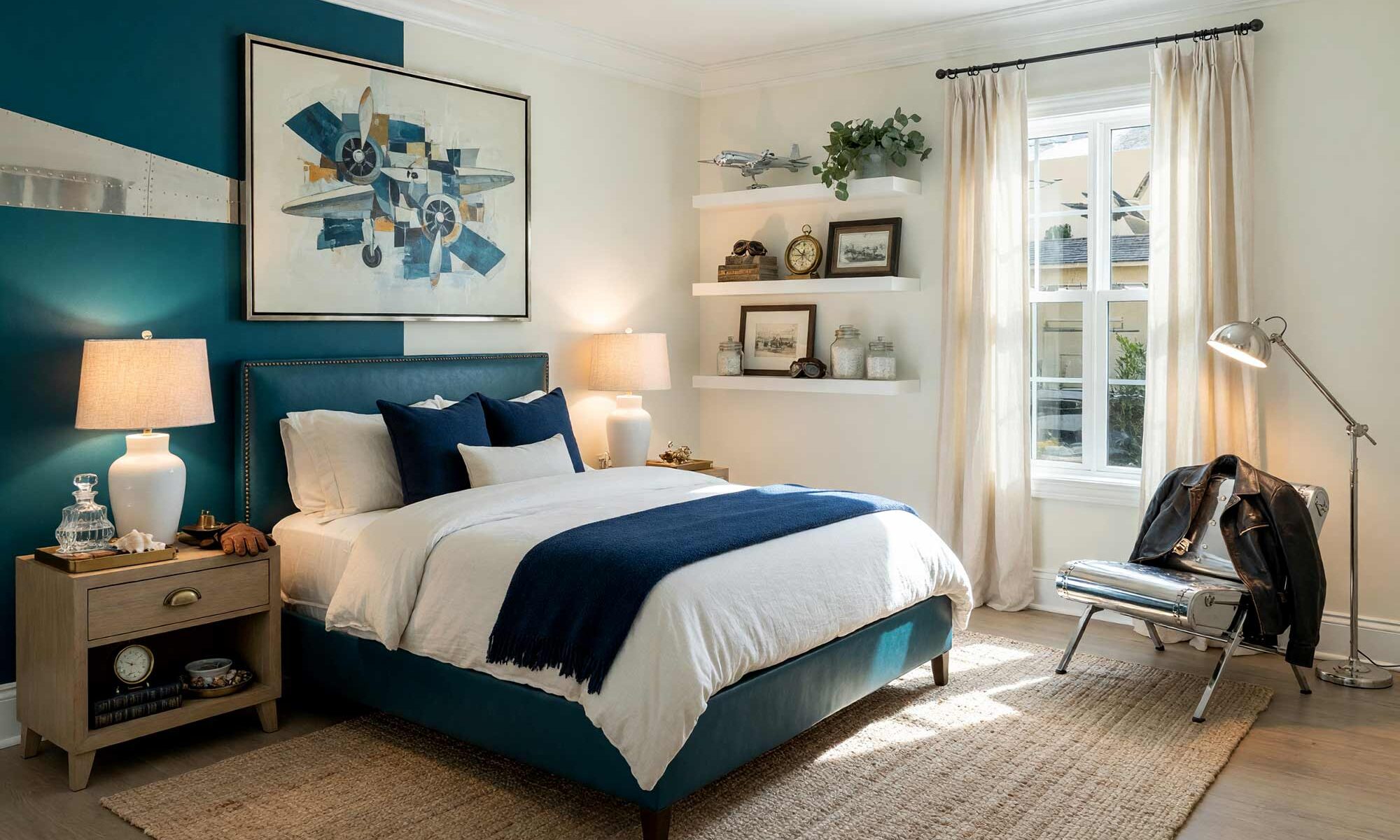 Coastal Hotel Bedroom with Cream Walls Deep Teal Accent and Aviation Decor-4-FEATURE, coastal boutique hotel bedroom neutral interior paint colors cream walls deep teal accent wall bright white trim light ash flooring. An airy coastal sanctuary in a Scottsdale neighborhood featuring a deep teal leather headboard with rivet details, ceramic table lamps, jute rug, and light ash floors. Outfitted with an aviation-inspired propeller artwork, chrome model plane, and billowing linen drapes. Intense directional sunlight generates dynamic highlights and crisp contrast. neutral tones for interiors, neutral wall paint colors, muted neutral colors, soft neutral color palette, interior neutral color palette