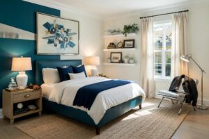 Coastal Hotel Bedroom with Cream Walls Deep Teal Accent and Aviation Decor-4-FEATURE, coastal boutique hotel bedroom neutral interior paint colors cream walls deep teal accent wall bright white trim light ash flooring. An airy coastal sanctuary in a Scottsdale neighborhood featuring a deep teal leather headboard with rivet details, ceramic table lamps, jute rug, and light ash floors. Outfitted with an aviation-inspired propeller artwork, chrome model plane, and billowing linen drapes. Intense directional sunlight generates dynamic highlights and crisp contrast. neutral tones for interiors, neutral wall paint colors, muted neutral colors, soft neutral color palette, interior neutral color palette