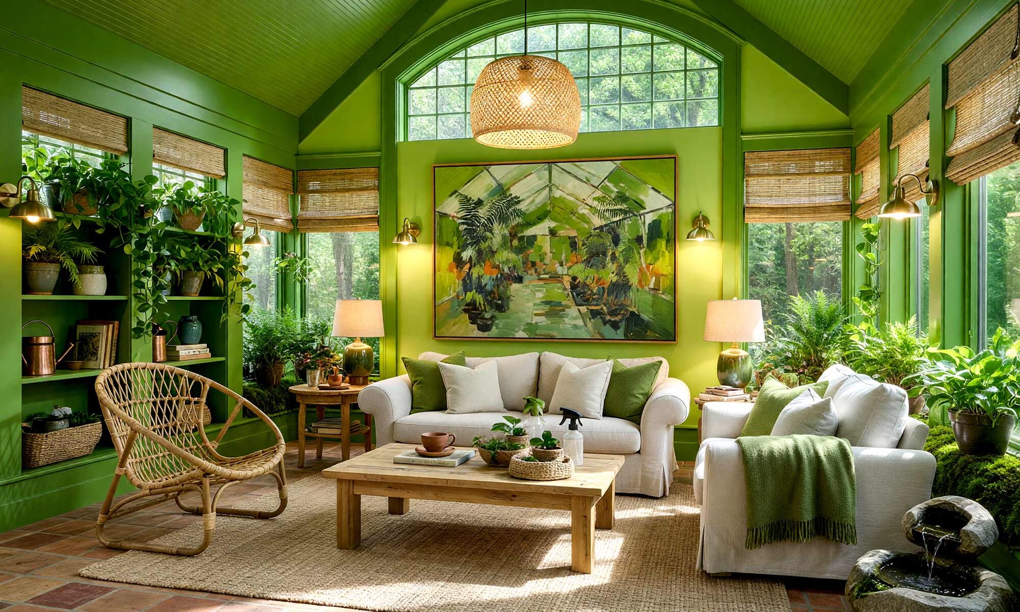 Conservatory with Chartreuse Mist Walls and Fern Olive Trim-1-FEATURE, biophilic green conservatory tone-on-tone interior paint chartreuse mist walls fern olive ceiling fern olive trim bottle green planter ledge terracotta tile flooring. An immersive botanical retreat in a Scottsdale neighborhood featuring chartreuse mist walls, shiny fern olive trim, and a deep bottle green built-in planter ledge. Outfitted with terracotta tile floors, a trickling stone fountain, lush trailing pothos, and a greenhouse fern abstract canvas with terracotta accents. Afternoon sunlight filters through foliage, creating dynamic leaf shadows and a space that truly breathes. tone-on-tone interior paint, monochromatic paint scheme, tonal palette, layered look, value variations, monochromatic color scheme, tone-on-tone painting technique, single-color paint scheme