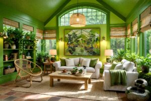 Conservatory with Chartreuse Mist Walls and Fern Olive Trim-1-FEATURE, biophilic green conservatory tone-on-tone interior paint chartreuse mist walls fern olive ceiling fern olive trim bottle green planter ledge terracotta tile flooring. An immersive botanical retreat in a Scottsdale neighborhood featuring chartreuse mist walls, shiny fern olive trim, and a deep bottle green built-in planter ledge. Outfitted with terracotta tile floors, a trickling stone fountain, lush trailing pothos, and a greenhouse fern abstract canvas with terracotta accents. Afternoon sunlight filters through foliage, creating dynamic leaf shadows and a space that truly breathes. tone-on-tone interior paint, monochromatic paint scheme, tonal palette, layered look, value variations, monochromatic color scheme, tone-on-tone painting technique, single-color paint scheme