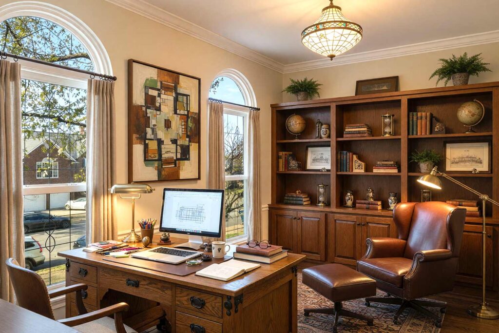 Craftsman Study Home Office with Warm Oat Walls and Chestnut Brown Built-Ins-4, craftsman study home office neutral interior paint colors warm oat walls chestnut brown built-in shelving soft white ceiling warm oat trim oak flooring. An inspiring sanctuary in a Scottsdale neighborhood featuring a leather wingback chair, solid oak desk, brass banker's lamp, and rich craftsman built-ins. Outfitted with an architectural cubist painting, Arts and Crafts rug, and dynamic desk workspace. Dramatic directional daylight creates deep shadows and striking highlights. neutral interior paint colors, neutral paint colors, neutral wall color, muted color scheme, neutral color schemes, neutral color palette, neutral paint palette
