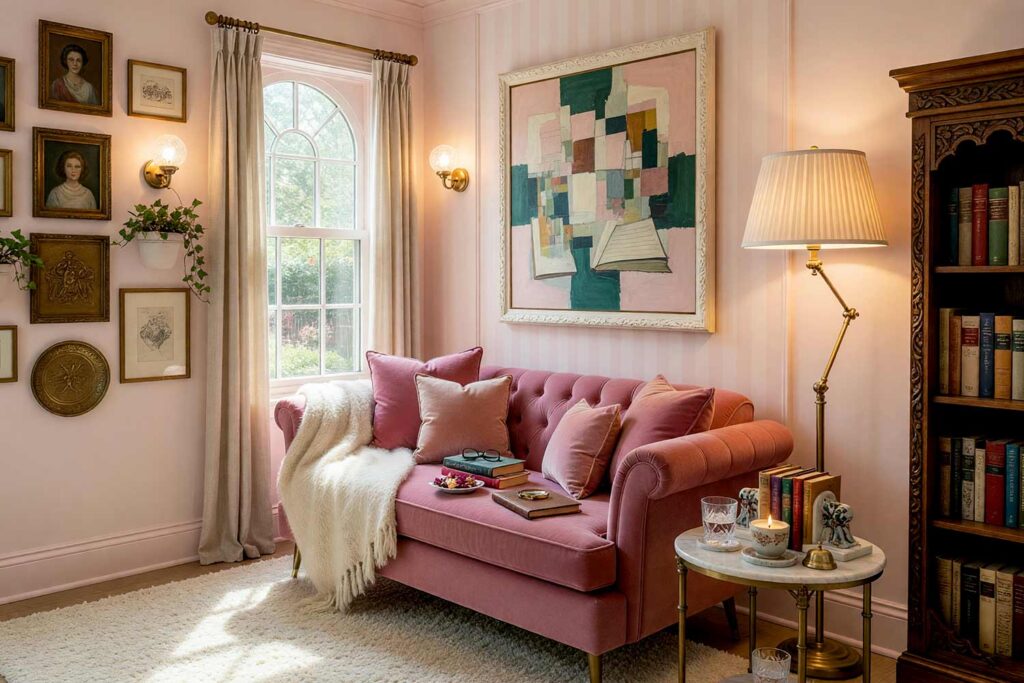 Eclectic Reading Nook with Plaster Pink and Warm White Striped Walls-1, eclectic maximalist reading nook neutral interior paint colors plaster pink walls warm white striped accent wall warm white trim light ash flooring. A vibrant reading retreat in a Scottsdale neighborhood featuring a velvet chaise lounge, brass floor lamp, striped accent wall, and light ash floors. Outfitted with a cubist library painting, gallery wall art, and mismatched ceramic bookends. Dynamic directional window light emphasizes the warm, textural palette. neutral tones for interiors, neutral wall paint colors, muted neutral colors, soft neutral color palette, interior neutral color palette