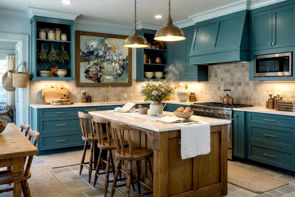 English Farmhouse Kitchen with Storm Slate Walls and Deep Slate Teal Cabinets-8, english farmhouse kitchen tone-on-tone interior paint storm slate walls pale storm mist ceiling pale storm mist trim deep slate teal cabinets flagstone flooring. A cozy culinary sanctuary in a Scottsdale neighborhood featuring custom cabinets in deep slate teal, a reclaimed oak island, and flagstone floors. Decorated with a vegetable garden abstract painting with copper accents, hanging dried herbs, and vintage copper cookware. Dynamic late-afternoon sunlight contrasts with deep shadows while shiny pale storm mist trim and storm slate walls create a timeless, layered space. tone-on-tone interior paint, monochromatic paint scheme, tonal palette, layered look, value variations, monochromatic color scheme, tone-on-tone painting technique, single-color paint scheme