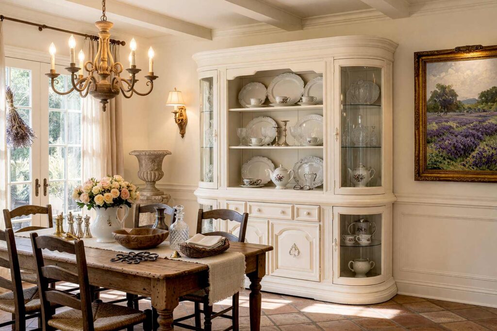 French Country Dining Room with Cream Walls and Bone White Hutch-3, french country dining room neutral interior paint colors cream walls bone white china hutch bone white trim terracotta tile flooring. A nostalgic gathering space in a Scottsdale neighborhood featuring a distressed oak farmhouse table, bone white china hutch, wooden chandelier, and terracotta floors. Decorated with a lavender field impressionist painting, stacked linen napkins, and ironstone china. Dynamic window light creates dramatic highlights and deep shadows. neutral tones for interiors, neutral wall paint colors, muted neutral colors, soft neutral color palette, interior neutral color palette