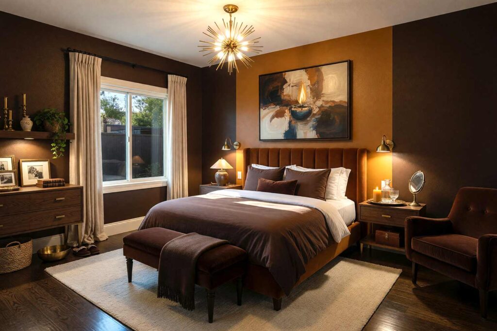 Hotel-Inspired Bedroom with Chocolate Brown Walls and Ochre Accent Wall-5, boutique hotel bedroom neutral interior paint colors chocolate brown walls ochre accent wall warm cream trim dark walnut flooring. A luxurious retreat in a Scottsdale neighborhood featuring an ochre velvet headboard, dark walnut nightstands, brass reading sconces, and dark hardwood floors. The room is outfitted with an abstract candle flame artwork, wool throw blanket, and heavy linen drapery. Dynamic directional window light creates bold contrasts across the dark, cocooning palette. neutral interior paint colors, neutral paint colors, neutral wall color, muted color scheme, neutral color schemes, neutral color palette, neutral paint palette