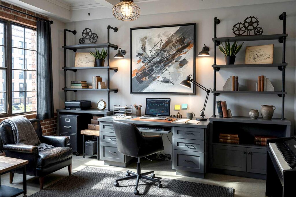 Industrial Loft Home Office with Dove Gray Walls and Graphite Charcoal Desk-3, industrial loft home office tone-on-tone interior paint dove gray walls fog gray ceiling graphite charcoal trim graphite charcoal built-in desk polished concrete flooring. An inspiring command center in a Scottsdale neighborhood featuring dove gray walls, shiny graphite charcoal trim, and a built-in desk in graphite charcoal. Outfitted with polished concrete floors, a warehouse steel abstract canvas with rust orange accents, caged pendant lighting, and pipe shelving. Dynamic late-afternoon sunlight streams through windows, creating dramatic shadows and a focused, high-end workspace. tone-on-tone interior paint, monochromatic paint scheme, tonal palette, layered look, value variations, monochromatic color scheme, tone-on-tone painting technique, single-color paint scheme