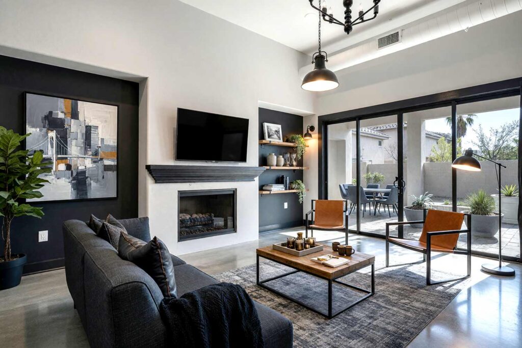 Industrial Loft Living Room with Dove Gray Walls and Deep Charcoal Accent-1, urban industrial loft living room neutral interior paint colors dove gray walls deep charcoal accent wall bright white ceiling deep charcoal trim polished concrete flooring. A moody urban retreat in a Scottsdale neighborhood featuring a charcoal sectional sofa, steel-legged console, industrial pendant lighting, and polished concrete floors. The space includes a cubist bridge painting, stacked photography books, and rich industrial accessories. Dramatic directional window light emphasizes the cool gray tones and high-contrast shadows. neutral interior paint colors, neutral paint colors, neutral wall color, muted color scheme, neutral color schemes, neutral color palette, neutral paint palette