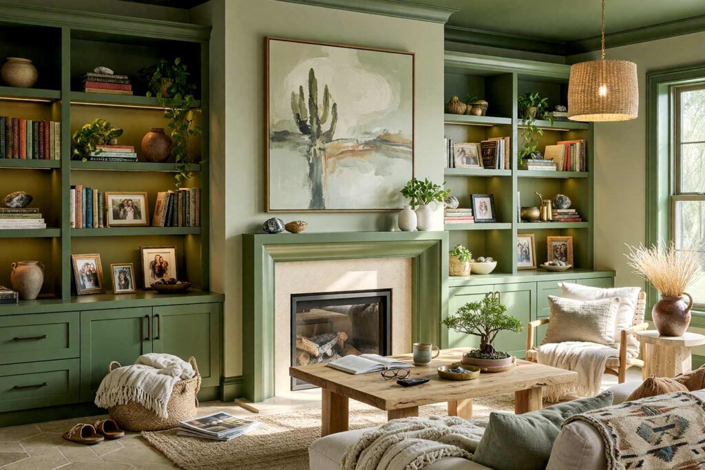 Living Room with Sage Whisper Walls Cactus Moss Cabinets and Sandstone Tile Flooring-2, desert zen retreat living room tone-on-tone interior paint sage whisper walls cactus moss trim juniper shadow ceiling sandstone tile flooring. A deeply lived-in, cozy living room in a Scottsdale neighborhood featuring sage whisper walls, shiny cactus moss trim, and a deep juniper shadow ceiling. Outfitted with sandstone tile floors, built-in bookcases bursting with books and personal treasures, a cream linen sectional with casual throws, and a desert cactus abstract painting. Dynamic golden-hour light streams through glass doors, highlighting an authentic, non-monastic atmosphere rich in warmth and everyday charm. tone-on-tone interior paint, monochromatic paint scheme, tonal palette, layered look, value variations, monochromatic color scheme, tone-on-tone painting technique, single-color paint scheme