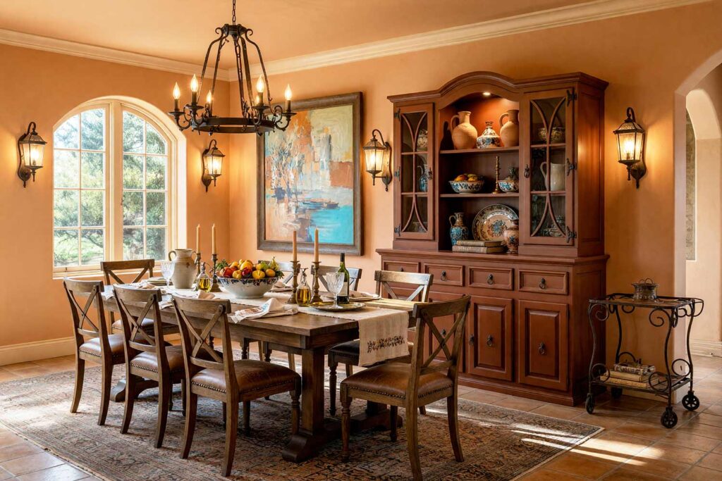 Mediterranean Revival Dining Room in Tone-on-Tone Sandstone Clay with Terracotta Hutch-7, mediterranean revival dining room tone-on-tone interior paint sandstone clay walls pale adobe ceiling pale adobe trim burnt terracotta hutch terracotta tile flooring. A sun-drenched entertaining haven in a Scottsdale neighborhood featuring sandstone clay walls, shiny pale adobe trim and crown, and a built-in hutch in burnt terracotta. Styled with a dark walnut dining table, a wrought iron chandelier, an abstract olive harvest canvas with turquoise accents, and a bowl of hand-painted ceramic fruit. Late-afternoon sunlight streams across terracotta tile floors, creating dynamic high-contrast shadows and a warm, convivial atmosphere. tone-on-tone interior paint, monochromatic paint scheme, tonal palette, layered look, value variations, monochromatic color scheme, tone-on-tone painting technique, single-color paint scheme
