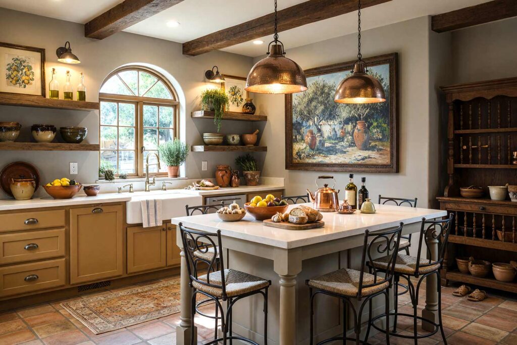 Mediterranean Revival Kitchen with Putty Walls and Ochre Cabinets-1, mediterranean revival kitchen neutral interior paint colors putty walls ochre cabinets bone white trim terracotta tile flooring. A sun-warmed culinary haven in a Scottsdale neighborhood featuring limestone-topped plaster island, ochre cabinetry, hammered copper pendants, and terracotta floors. The space is filled with an olive grove impressionist painting, olive oil bottles, drying herbs, and abundant food prep items. Vibrant directional sunlight creates dramatic, high-contrast shadows across the artisanal textures. neutral interior paint colors, neutral paint colors, neutral wall color, muted color scheme, neutral color schemes, neutral color palette, neutral paint palette