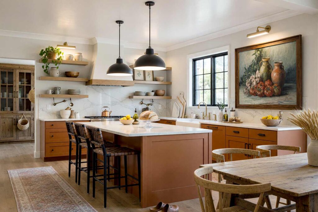 Modern Farmhouse Kitchen with Greige Walls and Rust Clay Cabinets-5, modern farmhouse kitchen neutral interior paint colors greige walls rust clay cabinets soft white ceiling soft white trim reclaimed white oak flooring. A culinary retreat in a Scottsdale neighborhood featuring a white marble island, rust clay cabinetry, black dome pendant lighting, and open white oak shelving stacked with artisan stoneware. The space is adorned with an impressionist still-life painting, copper cookware, and a vintage runner rug. Dynamic sunlight pouring through black-framed windows accentuates the rich, warm color palette. neutral interior paint colors, neutral paint colors, neutral wall color, muted color scheme, neutral color schemes, neutral color palette, neutral paint palette