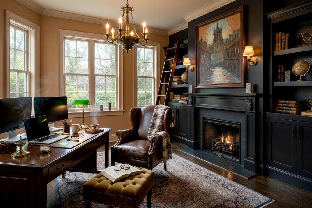 Moody Study with Toffee Brown Walls and Cocoa Bean Fireplace Mantel-1, dark academia study tone-on-tone interior paint toffee brown walls parchment brown ceiling toffee brown trim cocoa bean fireplace mantel dark walnut flooring. A cozy scholarly retreat in a Scottsdale neighborhood featuring toffee brown walls, shiny trim, parchment brown ceiling, and a near-black cocoa bean fireplace mantel. Styled with dark walnut floors, a cracked-leather wingback chair, an abstract library tower canvas with crimson red accents, and wall-to-wall books. Sunlight streams through windows to contrast deep shadows, evoking an atmosphere of old paper and quiet reflection. tone-on-tone interior paint, monochromatic paint scheme, tonal palette, layered look, value variations, monochromatic color scheme, tone-on-tone painting technique, single-color paint scheme