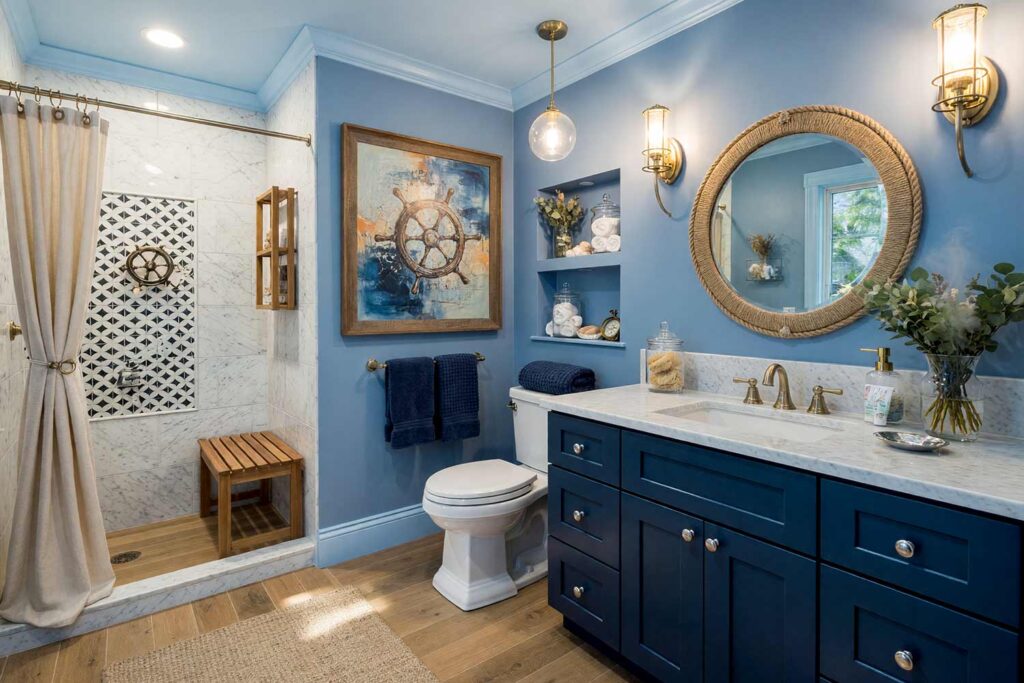 Nautical Bathroom with Slate Denim Walls and Midnight Navy Vanity, coastal nautical bathroom tone-on-tone interior paint slate denim walls powder blue ceiling powder blue trim powder blue door midnight navy vanity teak wood flooring. A luxurious spa retreat in a Scottsdale neighborhood featuring slate denim walls, shiny powder blue trim, and a custom vanity in midnight navy. Outfitted with teak wood flooring, a rope-wrapped mirror, an abstract ship wheel painting with coral accents, and glass apothecary jars with fresh towels. Late-afternoon sunlight streams through windows, creating dramatic shadows and highlighting steam and fresh eucalyptus for an elevated nautical escape. tone-on-tone interior paint, monochromatic paint scheme, tonal palette, layered look, value variations, monochromatic color scheme, tone-on-tone painting technique, single-color paint scheme