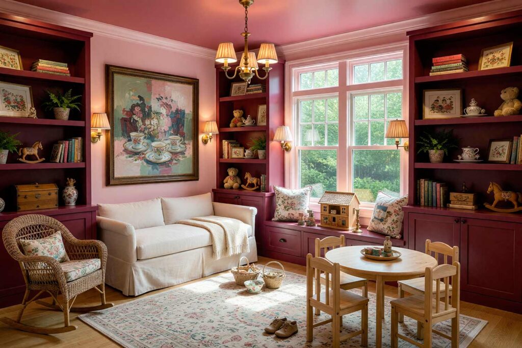 Playroom with Petal Pink Walls and Berry Wine Bookshelves-6, grandmillennial playroom tone-on-tone interior paint petal pink walls dusty rose ceiling petal pink trim berry wine bookshelves light oak flooring. A charming children's retreat in a Scottsdale neighborhood featuring petal pink walls, shiny petal pink trim, a dusty rose ceiling, and bold built-in bookshelves in berry wine. Outfitted with light oak floors, a daybed draped in a soft chenille blanket, a wicker rocking chair with a chintz pillow, and framed needlepoint art. Bright afternoon sunlight contrasts with deep shadows, highlighting grandmillennial textures for an elegant yet playful space. tone-on-tone interior paint, monochromatic paint scheme, tonal palette, layered look, value variations, monochromatic color scheme, tone-on-tone painting technique, single-color paint scheme
