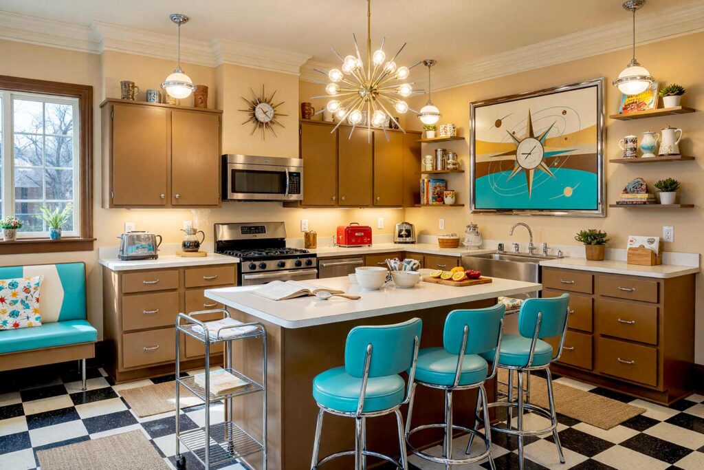 Retro Atomic Kitchen with Golden Wheat Walls and Golden Ochre Cabinets-6, retro atomic kitchen tone-on-tone interior paint golden wheat walls golden ochre cabinets light golden wheat ceiling umber amber trim checkerboard linoleum flooring. A vibrant culinary haven in a Scottsdale neighborhood featuring golden wheat walls, shiny umber amber trim, light golden wheat ceiling, and golden ochre cabinetry. Styled with checkerboard linoleum floors, a starburst clock abstract canvas with turquoise accents, a sputnik chandelier, starburst clocks, and tiki mug shelves. Bright morning sunlight streams through windows, creating dramatic shadows and an atmospheric retro 1960s aesthetic. tone-on-tone interior paint, monochromatic paint scheme, tonal palette, layered look, value variations, monochromatic color scheme, tone-on-tone painting technique, single-color paint scheme