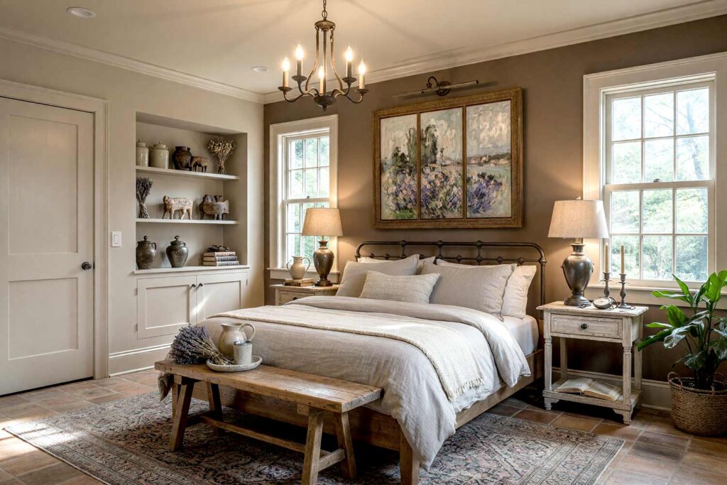 Rustic French Country Bedroom with Mid Taupe Walls and Espresso Taupe Accent Wall-4, french country bedroom tone-on-tone interior paint mid taupe walls espresso taupe accent wall fog taupe door fog taupe trim oat taupe ceiling terracotta tile flooring. A cozy retreat in a Scottsdale neighborhood featuring mid taupe walls, an espresso taupe accent wall, and shiny fog taupe trim framing the space. Furnished with a distressed oak bed dressed in nubby linen, wrought iron sconces, dried lavender on nightstands, and terracotta tile floors. Early morning sunlight streams through windows, creating dramatic contrast and highlighting rich textures for an authentic French countryside inn feel. tone-on-tone interior paint, monochromatic paint scheme, tonal palette, layered look, value variations, monochromatic color scheme, tone-on-tone painting technique, single-color paint scheme