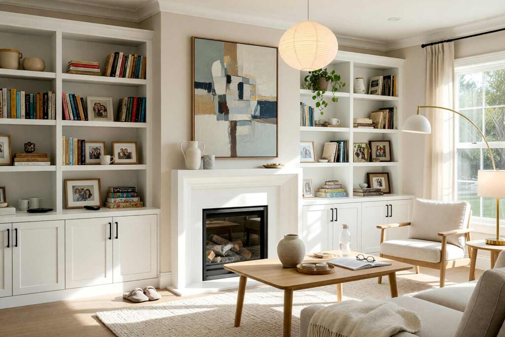 Scandinavian Minimalist Living Room with Mushroom Walls and White Built-Ins-1, scandinavian minimalist living room neutral interior paint colors mushroom walls ultra white built-in bookshelves ultra white trim light ash flooring. A serene retreat in a Scottsdale neighborhood featuring a low-profile wool sofa, tapered ash coffee table, paper lantern lighting, and light ash hardwood floors. The space is adorned with an architectural cubist painting, pale wool throw, and curated built-in shelving. Dynamic, directional daylight creates striking contrast across the minimalist textures. neutral interior paint colors, neutral paint colors, neutral wall color, muted color scheme, neutral color schemes, neutral color palette, neutral paint palette
