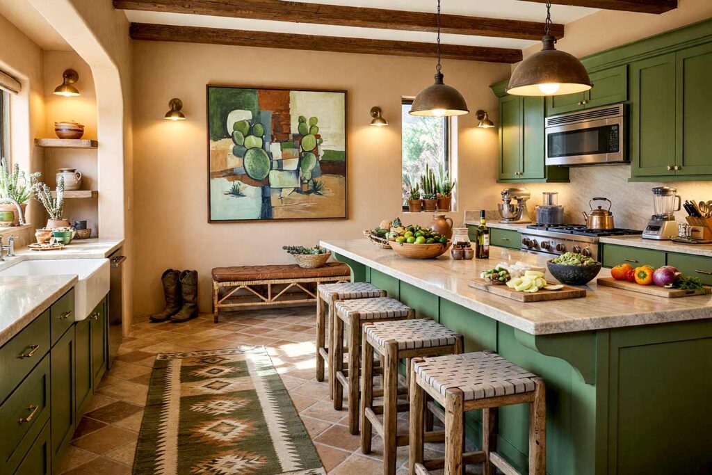 Southwestern Desert Kitchen with Sand Walls and Moss Green Cabinets-7, southwestern desert retreat kitchen neutral interior paint colors sand walls moss green cabinets sandstone white trim saltillo tile flooring. A rooted culinary haven in a Scottsdale neighborhood featuring quartzite-topped moss green cabinets, Saltillo tile floors, wrought-iron pendants, and a rattan bench. The room is decorated with a cacti cubist artwork, potted desert plants, a hand-woven runner, and abundant food prep items. Intense afternoon sunlight generates dramatic high-contrast shadows. neutral interior paint colors, neutral paint colors, neutral wall color, muted color scheme, neutral color schemes, neutral color palette, neutral paint palette