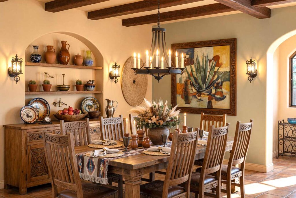 Southwestern Hacienda Dining Room with Warm Almond and Pale Sage Walls-1, southwestern hacienda dining room neutral interior paint colors warm almond walls pale sage accent wall light almond trim saltillo tile flooring. An authentic dining retreat in a Scottsdale neighborhood featuring a mesquite dining table, wrought-iron chandelier, and Saltillo tile floors. The room is decorated with a hand-woven runner, clay candle holders, a dried floral urn, and a cubist agave artwork. Dynamic directional sunlight creates bold shadows and highlights across the earth-toned palette. neutral interior paint colors, neutral paint colors, neutral wall color, muted color scheme, neutral color schemes, neutral color palette, neutral paint palette