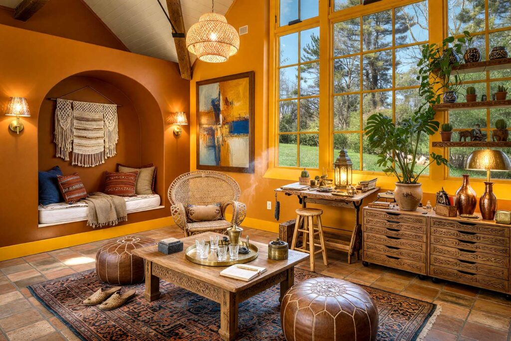 Sun-Drenched Boho Eclectic Studio with Saffron Glow Walls Deep Marigold Daybed Nook, boho eclectic studio tone-on-tone interior paint saffron glow walls sunwashed saffron ceiling sunwashed saffron trim deep marigold daybed nook terracotta tile flooring. An artistic retreat in a Scottsdale neighborhood featuring a built-in daybed alcove painted in deep marigold. Styled with vibrant mismatched textiles, a desert caravansary abstract canvas with lapis blue accents, woven rattan furniture, and terracotta tile flooring. Intense late-afternoon sunlight contrasts with deep shadows while shiny sunwashed saffron trim and warm saffron glow walls create a beautifully layered aesthetic. tone-on-tone interior paint, monochromatic paint scheme, tonal palette, layered look, value variations, monochromatic color scheme, tone-on-tone painting technique, single-color paint scheme
