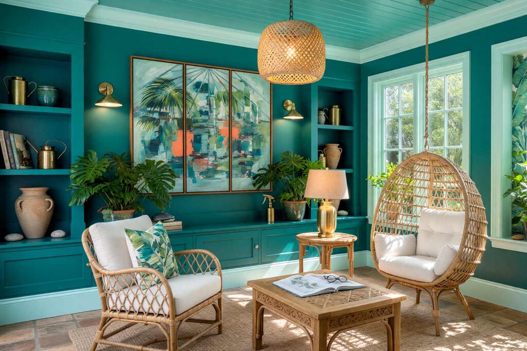 Tropical Sunroom with Mid Teal Walls Peacock and Teal Planter Ledge-2, tropical sunroom tone-on-tone interior paint mid teal walls seafoam mist ceiling seafoam mist trim peacock teal planter ledge terracotta tile flooring. A hothouse-inspired sanctuary in a Scottsdale neighborhood featuring mid teal walls, shiny seafoam mist trim, and a deep peacock teal built-in planter ledge. Outfitted with terracotta tile floors, a hanging rattan chair, banana leaf wallpaper nook, and an abstract greenhouse conservatory canvas with coral orange accents. Bright afternoon sun floods through glass windows, creating sharp leaf shadows and a lush, vibrant atmosphere. tone-on-tone interior paint, monochromatic paint scheme, tonal palette, layered look, value variations, monochromatic color scheme, tone-on-tone painting technique, single-color paint scheme