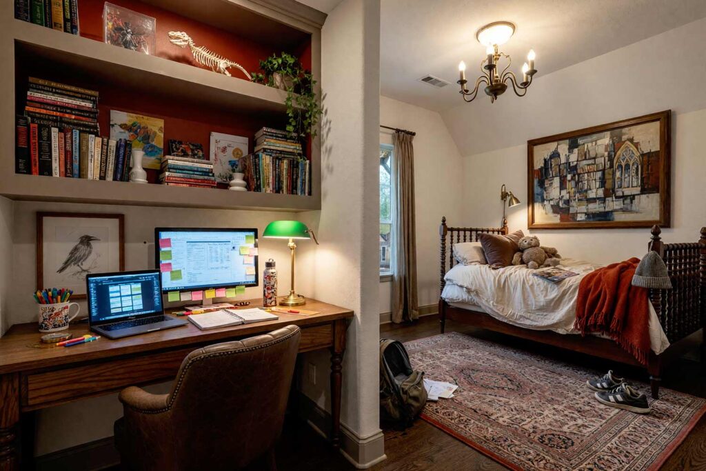 Academia Reading Childs Bedroom with Warm Taupe and Rust Red Accents-3, kid’s bedroom paint colors dark academia reading loft soft bone white warm taupe rust red walnut floor. An atmospheric Dark Academia child's bedroom in a Scottsdale neighborhood featuring soft bone white walls, dramatic warm taupe built-in bookcases backed in rich rust red, and lustrous warm taupe semi-gloss trim. This youthful scholarly retreat pairs an unmade spindle bed with an active homework desk featuring an illuminated dual-screen setup, messy shelves filled with modern paperbacks and textbooks, and childhood curiosities. Dark walnut floors and dynamic, high-contrast sunlight create a moody yet authentic space for everyday learning and reading. kids bedroom paint ideas, child's bedroom color palette, kids room paint colors, toddler bedroom paint colors, kids bedroom colors