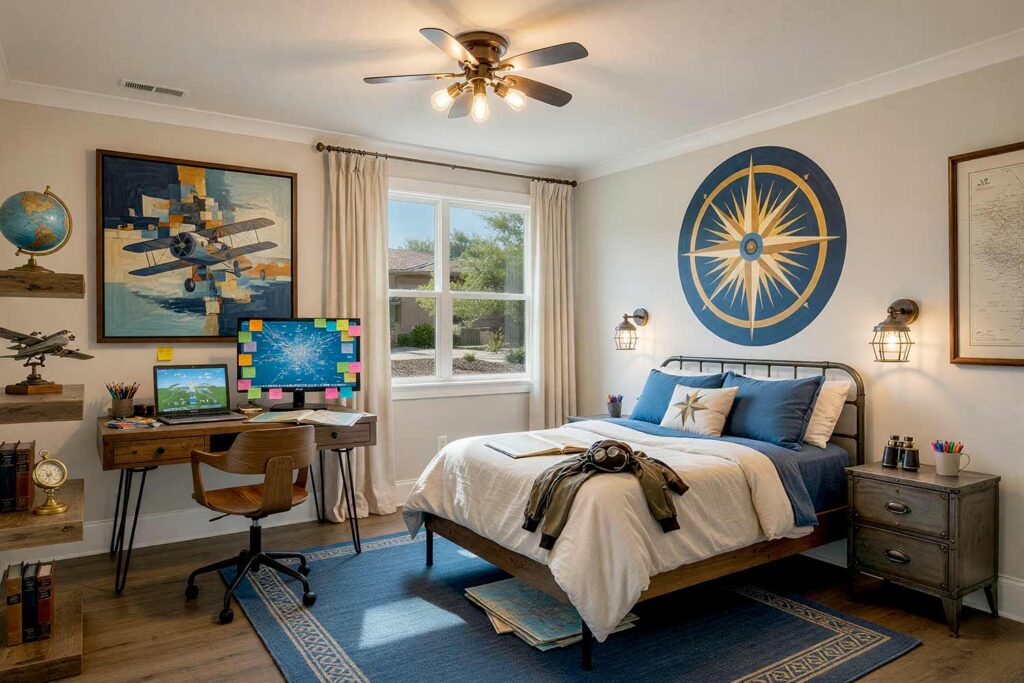 Adventurous Travel Child’s Bedroom with Compass Mural-5, kid’s bedroom paint colors travel theme warm ivory dusty denim blue marigold gold soft white hickory floor. An aspirational travel-themed child's bedroom in a Scottsdale neighborhood featuring warm ivory walls centered around an artisan painted compass medallion in dusty denim blue and marigold gold. Shiny soft white semi-gloss woodwork frames an authentic setup combining a delightfully unmade timber bed with a complete homework station complete with a glowing laptop, active secondary monitor, and scattered flight-route study notes. Rustic hickory floors, model airplanes, and high-contrast dynamic sunlight make this room an inspiring haven built for dreaming and everyday exploration. kid's bedroom paint colors, kids room color scheme, children's bedroom colors, kids bedroom color ideas, children's room paint colors