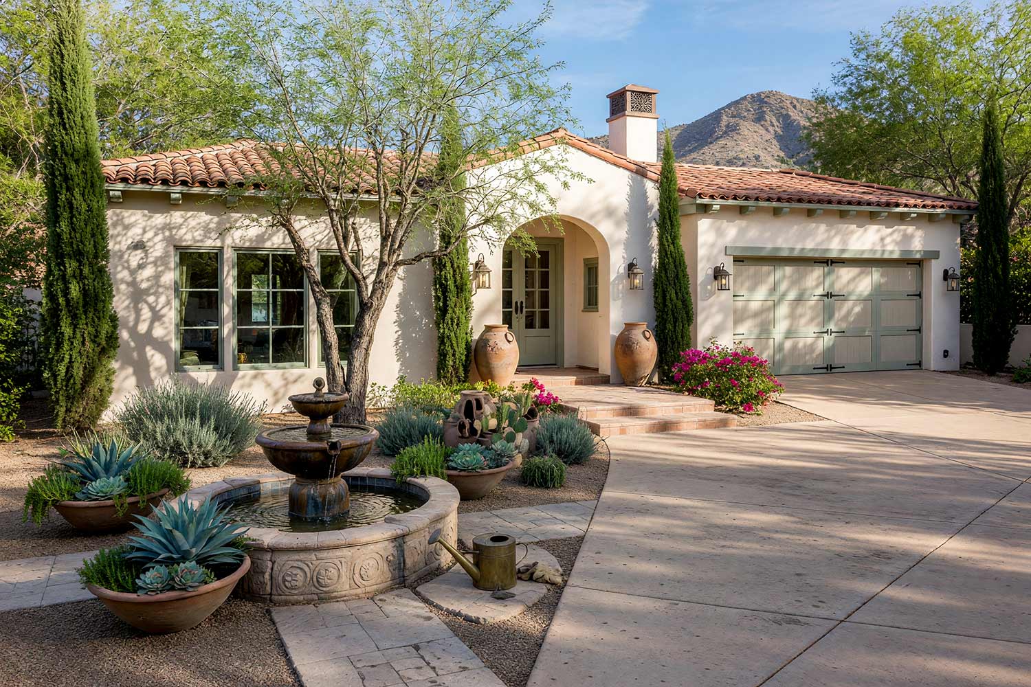 Arcadia Santa Barbara Home with Parchment Walls and Pale Sage Accents-3, spanish revival exterior paint colors soft parchment stucco pale sage front door charred umber lanterns limestone walkway front facade. A custom estate in a Scottsdale neighborhood featuring freshly painted stucco, glossy hand-finished trim, and elevated exterior painting curb appeal. A pale sage arched front door and garden gate complement glowing soft parchment walls beneath light salmon terracotta roof tiles. A carved Cantera stone fountain bubbles softly amid desert ironwood trees, raw clay ollas, and lush succulent plantings during dynamic late-afternoon golden hour light. spanish revival exterior paint colors, spanish style house paint colors, santa barbara exterior colors, modern mediterranean house paint, spanish colonial revival exterior colors
