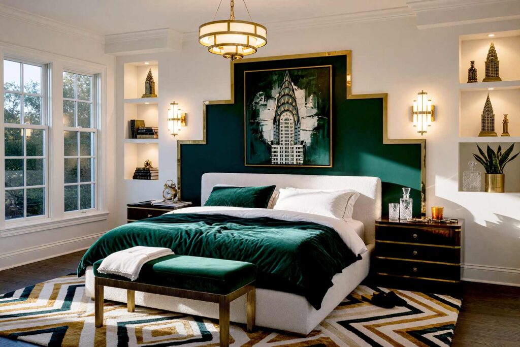 Art Deco Bedroom with White Walls and Emerald Ziggurat with Polished Brass Flat Bars-5, art deco guest bedroom linen white walls midnight emerald ziggurat polished brass flat bars pearl white baseboards ebony floors painting creative wall treatments. A 1930s luxury retreat in a Scottsdale neighborhood featuring an ivory bouclé bed with unmade emerald velvet linens, macassar ebony nightstands, polished brass sconces, and a three-tier ziggurat accent wall trimmed with mirror-finish brass bars. Morning sun streams across polished ebony floors, throwing bold stepped shadows that highlight the shiny pearl white trim and skyscraper architecture. painted accent wall with metal, dimensional accent wall, architectural accent wall, painted mural wall with metal accents, unique accent wall ideas, textured painted walls