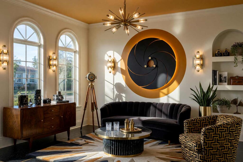 Art Deco Living Room with Buttermilk Walls and Amber Circle with Black Shutter Blades-4, art deco living room buttermilk walls ochre amber circle black aluminum shutter blades cameo cream baseboards terrazzo floors painting creative wall treatments. A glamorous Art Deco salon in a Scottsdale neighborhood featuring a velvet channel-tufted sofa, burled walnut credenza, terrazzo floors, and an ochre amber painted circle overlaid with an aluminum aperture iris. Strong sunlight streams through arched windows, casting dramatic pinwheel shadows and illuminating the shiny cameo cream woodwork and vintage photography collection. painted accent wall with metal, dimensional accent wall, architectural accent wall, painted mural wall with metal accents, unique accent wall ideas, textured painted walls