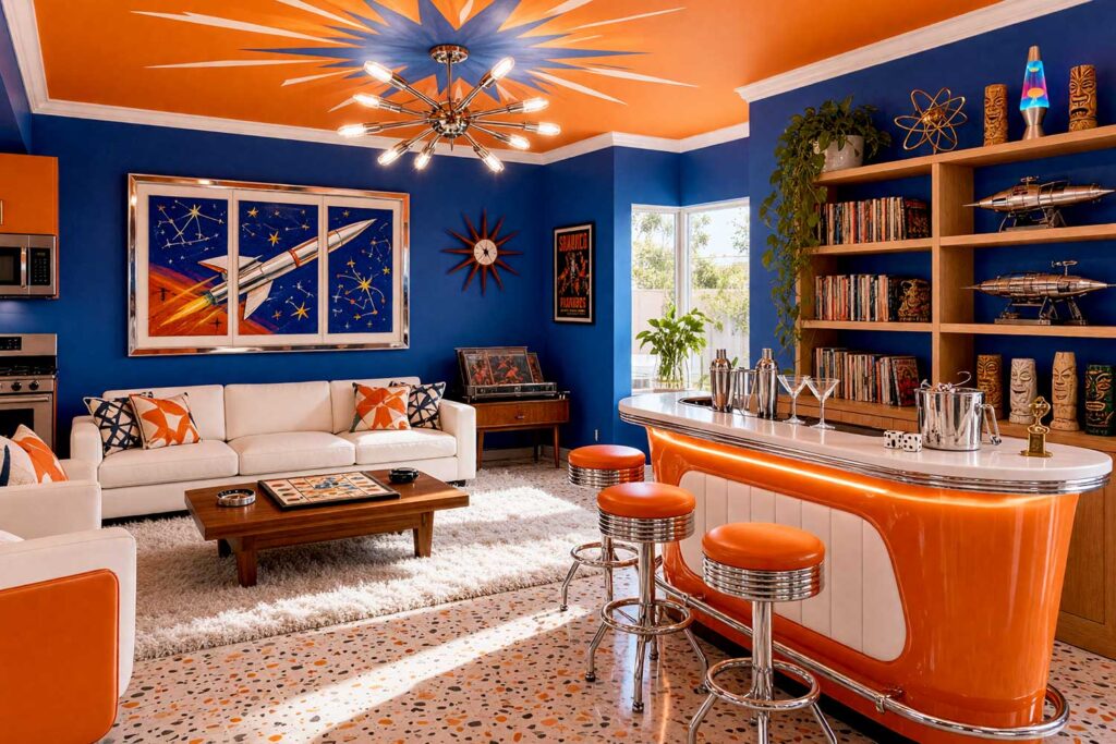 Atomic Rec Room with Cobalt Blue Walls and Tangerine Bar Cabinet-1, kitsch themed room paint atomic rec room cobalt blue walls tangerine starburst ceiling terrazzo tile flooring. Set in a stylish Scottsdale neighborhood, this retro rec room features bold cobalt blue walls, a tangerine bar cabinet, a hand-painted starburst ceiling mural, and a plush shag rug. Shiny semi-gloss crisp white baseboards and trim contrast brilliantly with vintage tiki mugs, a glowing lava lamp, stacked vinyl records, and a custom sputnik chandelier, creating a theatrical space designed for late-night cocktails and lively entertaining.