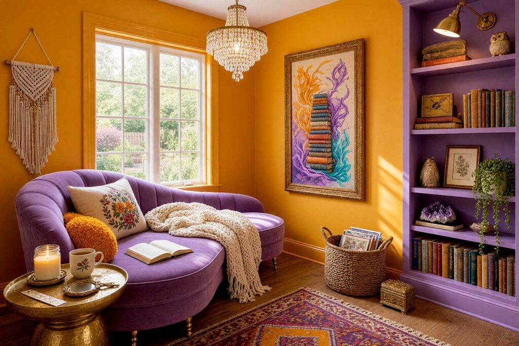 Bohemian Glam Nook with Marigold Walls and Lilac Bookcase and Sofa, kitsch themed room paint boho glam nook marigold walls lilac purple bookshelf alcove weathered oak flooring. Located in an elegant Scottsdale neighborhood home, this whimsical reading retreat pairs sun-drenched marigold walls with a lilac purple bookshelf alcove and shiny semi-gloss trim. Richly styled with a velvet chaise lounge, a mini crystal chandelier, a macramé wall hanging, dense book stacks, and a lit candle, the corner provides an enchanting and glamorous setting to get delightfully lost in a book.