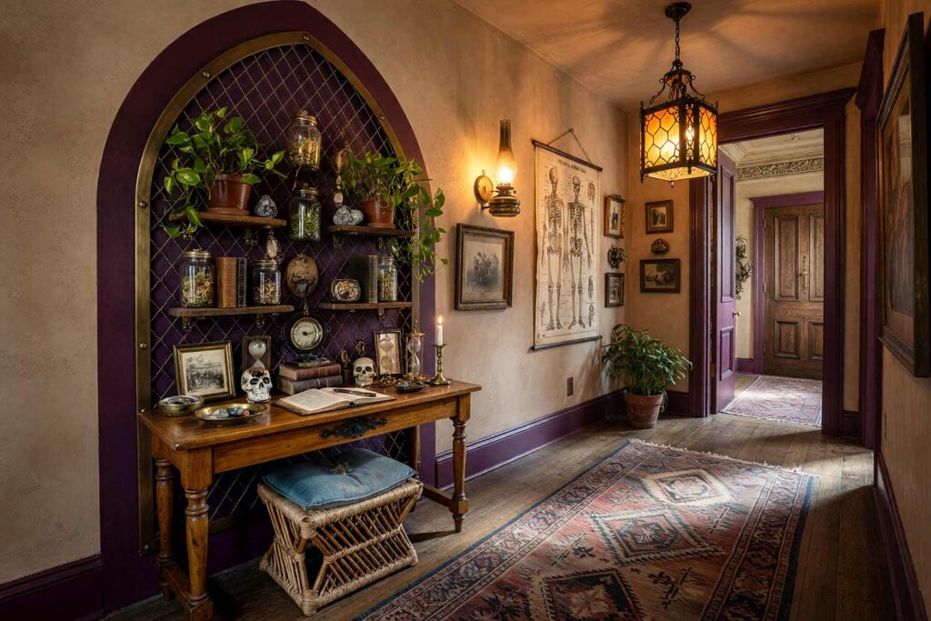 Bohemian Hallway with Taupe Walls and Plum Arch with Brass Wire Grille-3, bohemian hallway putty taupe walls deep plum lancet arch antique brass wire grille dusky mulberry baseboards reclaimed chestnut floors painting creative wall treatments. An eclectic corridor retreat in a Scottsdale neighborhood featuring an antique mango-wood console, dense apothecary shelving, a mismatched kilim runner, and botanical specimen art pinned to a brass lattice. Late-afternoon sunlight streams through a transom window, casting dramatic shadows through the wire grille and highlighting the glossy dusky mulberry trim. painting creative wall treatments, creative wall treatments, mixed material wall treatments, dimensional painted walls, textured accent wall ideas, metal accent wall ideas