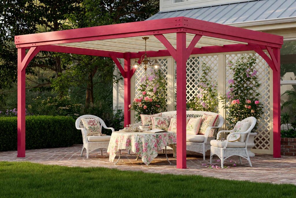 Charming Pergola with Raspberry Framing and Vanilla Slats-6, grandmillennial garden pergola raspberry timber vanilla slats trellis pergola paint colors. Situated in a custom Scottsdale courtyard, this Grandmillennial garden pergola pairs semi-gloss raspberry posts with soft vanilla roof slats and lattice. Herringbone brick, a wicker settee with needlepoint cushions, and a chintz table cover shine under dynamic golden-hour shadows. painting a cedar pergola, ramada paint colors, trellis paint colors, backyard shade structure colors, best paint for an outdoor pergola