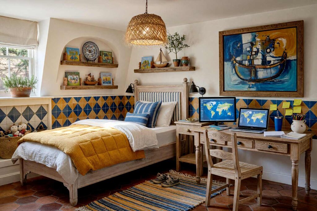 Child’s Bedroom with Blue and Yellow Faux Tile Painted Stripe-5, kid’s bedroom paint colors mediterranean courtyard warm plaster white aegean blue saffron soft white terracotta floor. An aspirational Mediterranean-inspired kid’s bedroom in a Scottsdale neighborhood featuring sun-baked plaster white walls, an artisan Aegean blue and warm saffron painted tile lattice mural band, and gleaming soft white semi-gloss trim. The functional child's sanctuary combines a delightfully unmade whitewashed twin bed with a complete homework workstation including a glowing laptop, active secondary monitor, and creative desk supplies. Hexagonal terracotta tiles and dynamic desert sunlight craft an immersive storybook escape built for everyday homework and restful childhood adventures. kid's bedroom paint colors, kids room color scheme, children's bedroom colors, kids bedroom color ideas, children's room paint colors