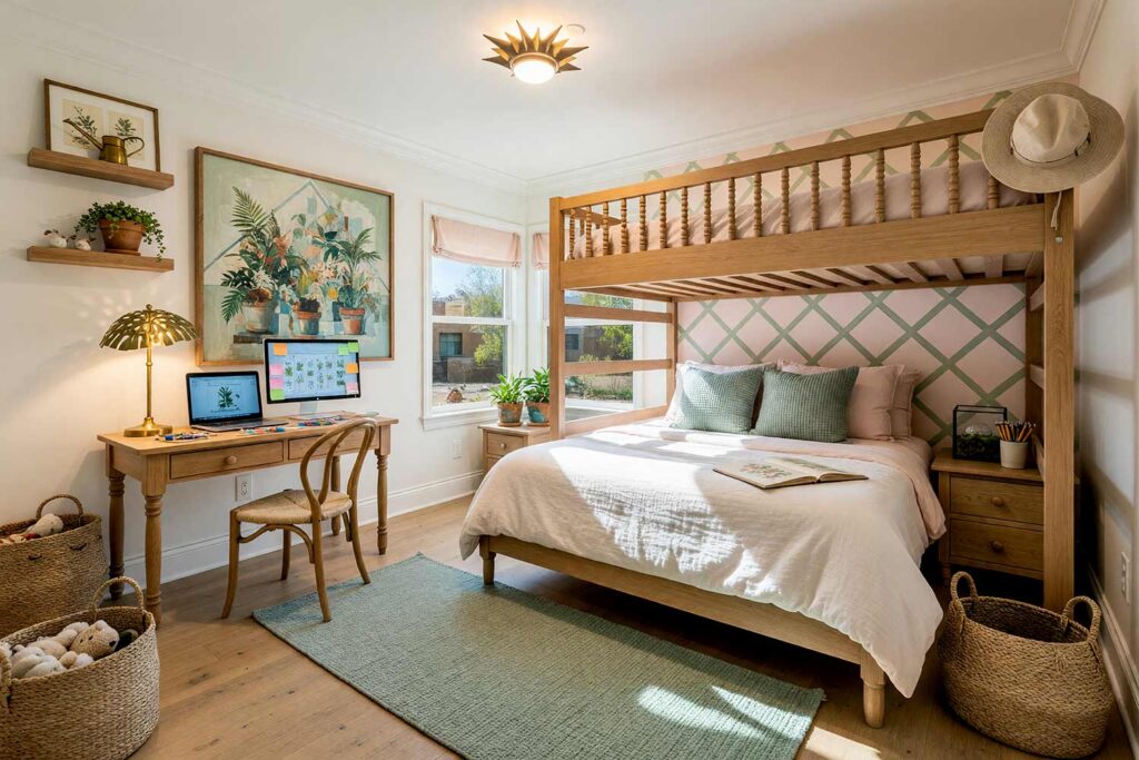 Child’s Bedroom with Soft White Sage Walls and Green and Pink Trellis Design-2, kid’s bedroom paint colors botanical garden soft dove white sage green blush pink warm ivory ash floor. A tranquil botanical-inspired child’s bedroom in a Scottsdale neighborhood featuring soft dove white walls, a custom painted trellis lattice accent wall in soft sage green and blush pink, and lustrous warm ivory semi-gloss trim. An unmade natural ash spindle bed pairs with a bustling study desk complete with an active dual-screen computer setup, scattered science notes, and living houseplants in terracotta pots. Natural ash hardwood flooring and dramatic, high-contrast sunlight create an uplifting haven built for homework and daydreaming. kid's bedroom paint colors, kids room color scheme, children's bedroom colors, kids bedroom color ideas, children's room paint colors